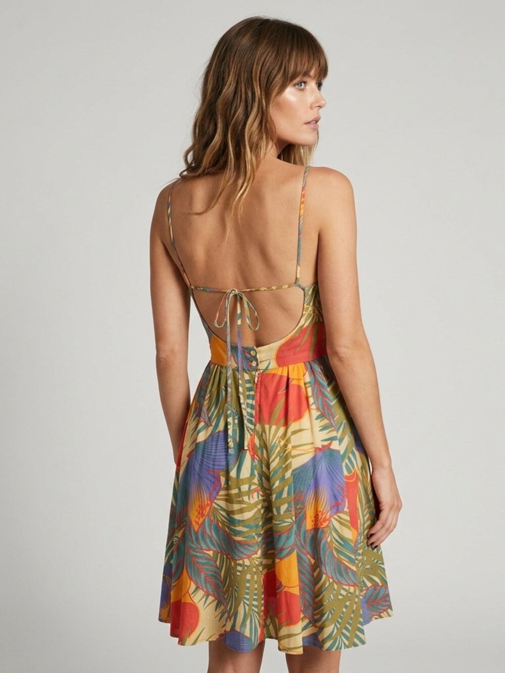 Tropical Colorful Sundress Vintage 90s Butterfly Palm Frond Pocket Dress